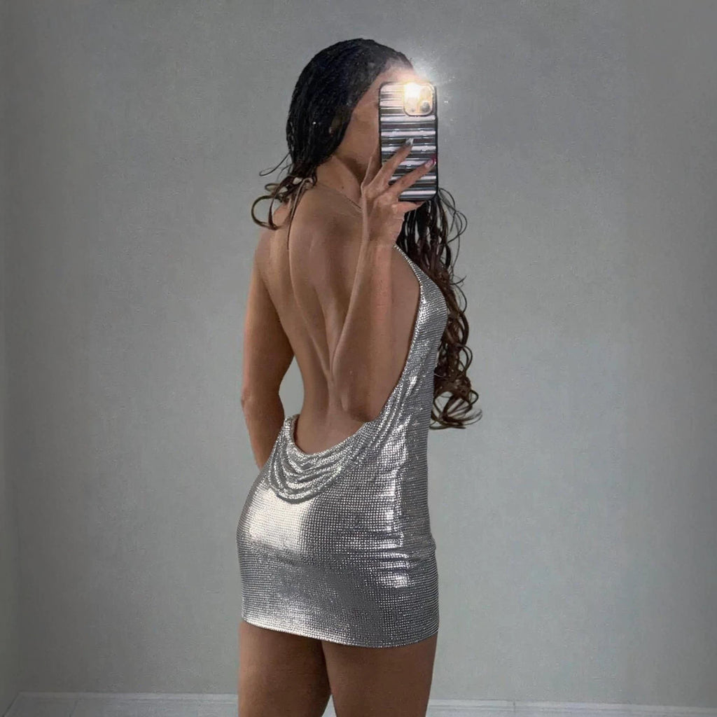 Electronic Music Festival Sexy Glossy Swing Collar Halter Backless Strap Aluminum Sheet Dress
