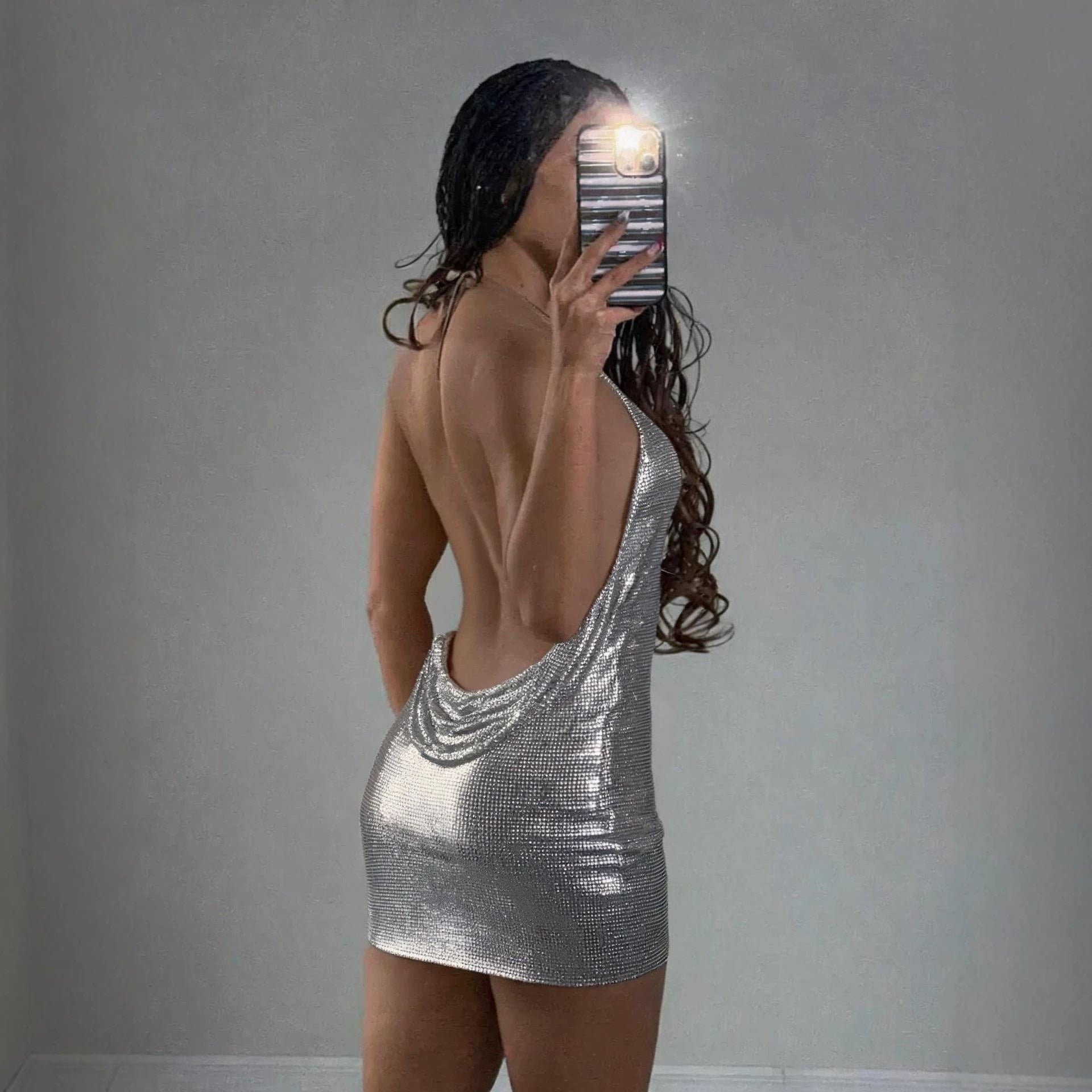 Electronic Music Festival Sexy Glossy Swing Collar Halter Backless Strap Aluminum Sheet Dress