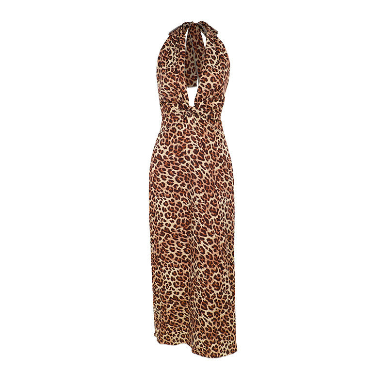 Deep V Plunge Leopard Print Strap Dress for Women Vacation Sexy Slim Fit Halter Backless Maxi Dress