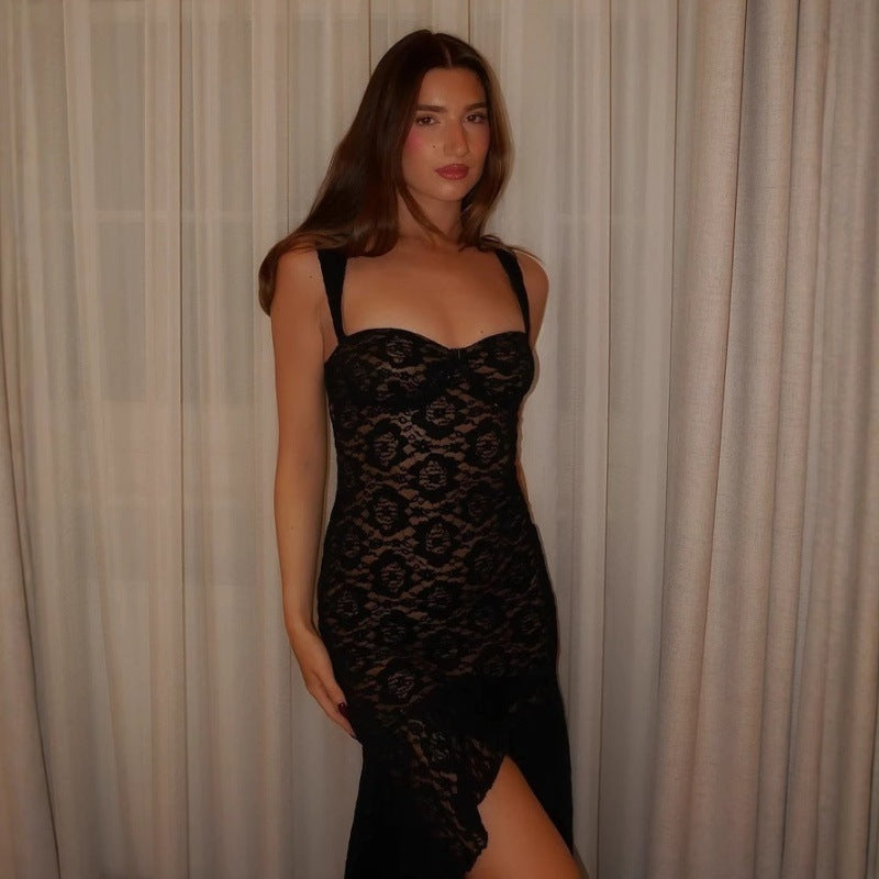 Women Clothing Sexy Lace Sling Slim Fit See through Split High Grade Dress Women