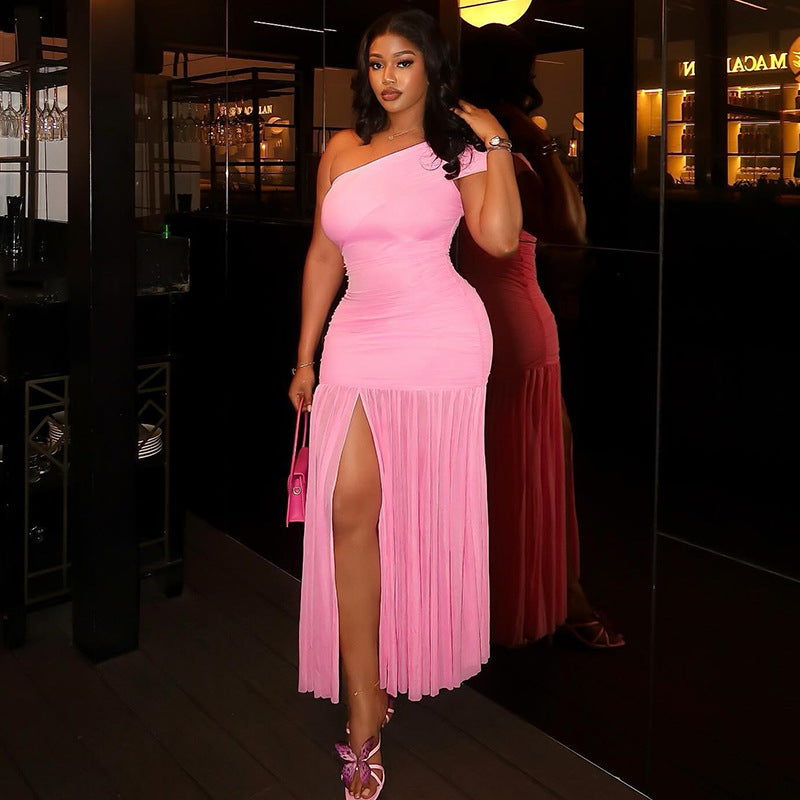Fresh Solid Color Women Clothing Pleated Waist Tight Asymmetric One Shoulder Oblique Leader Split Length Dress