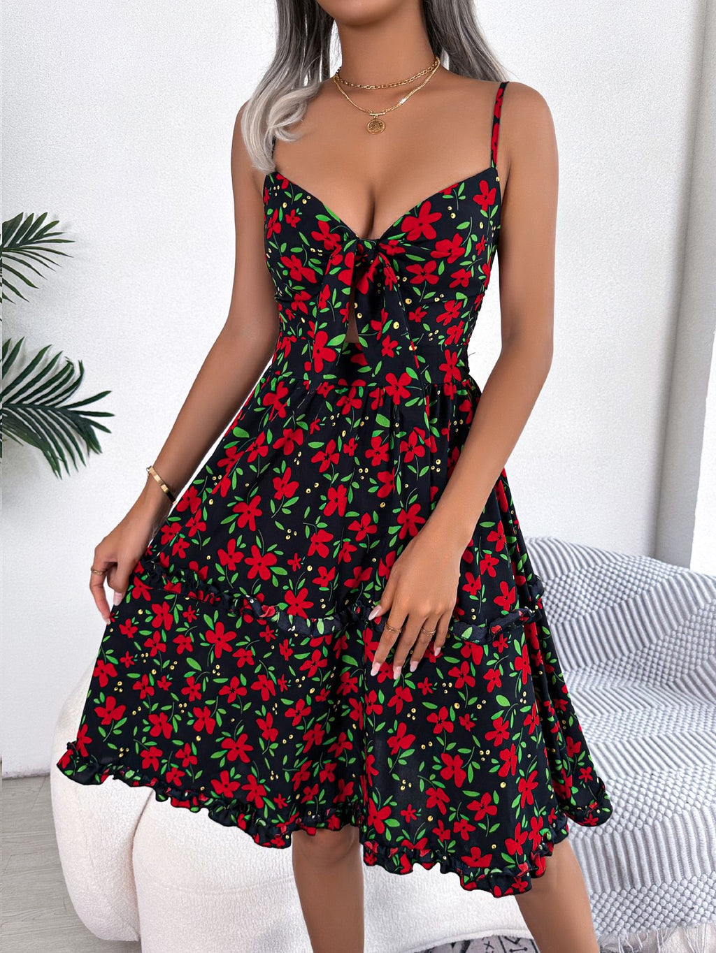 Vestido informal sin mangas con volantes y lazo floral para primavera y verano para mujer
