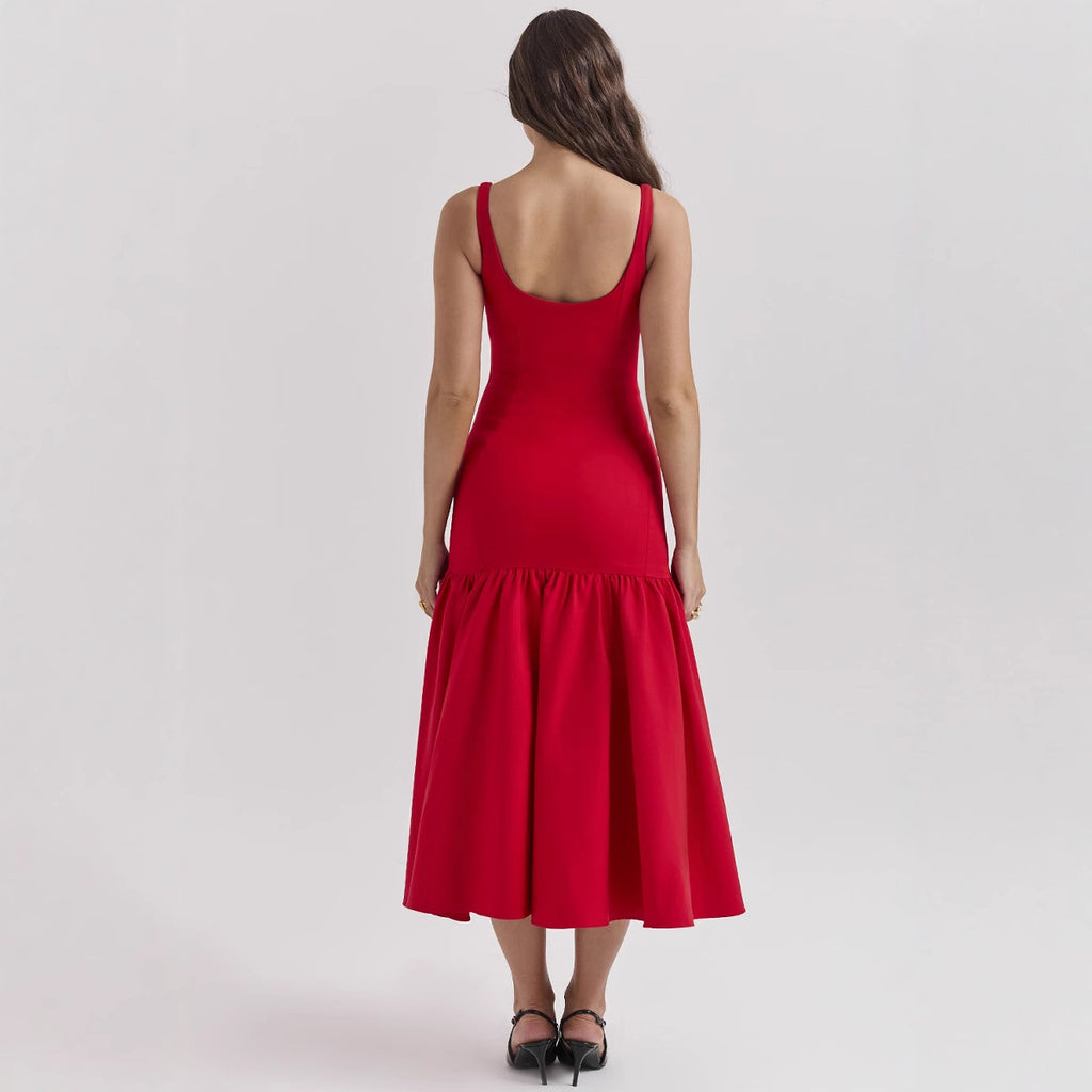Robe d'été élégante à col carré, coupe fourreau, taille cintrée et bretelles sirène pour femme.