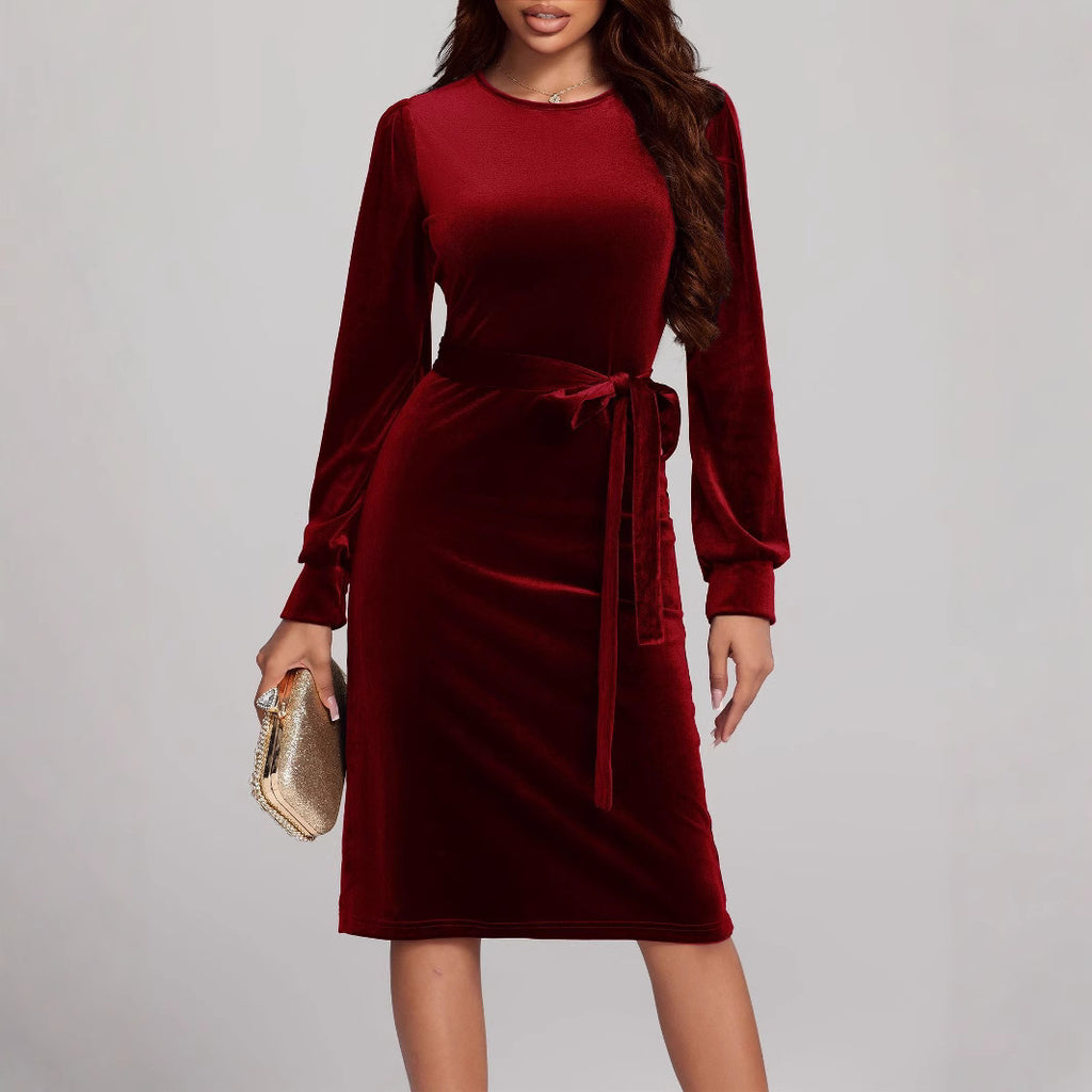 Autumn Winter Long Sleeve Waist Controlled Lace up Elegant Velvet Dress Women