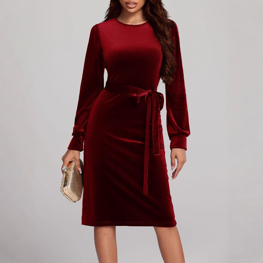 Autumn Winter Long Sleeve Waist Controlled Lace up Elegant Velvet Dress Women