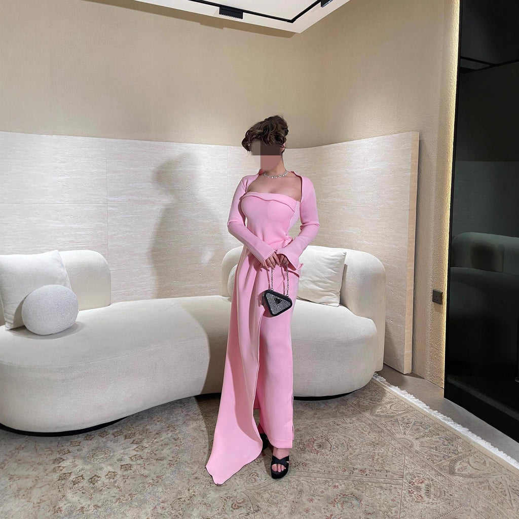 Summer Elegant Sexy Shawl Tube Top Slit Ball Dress Two Piece Set