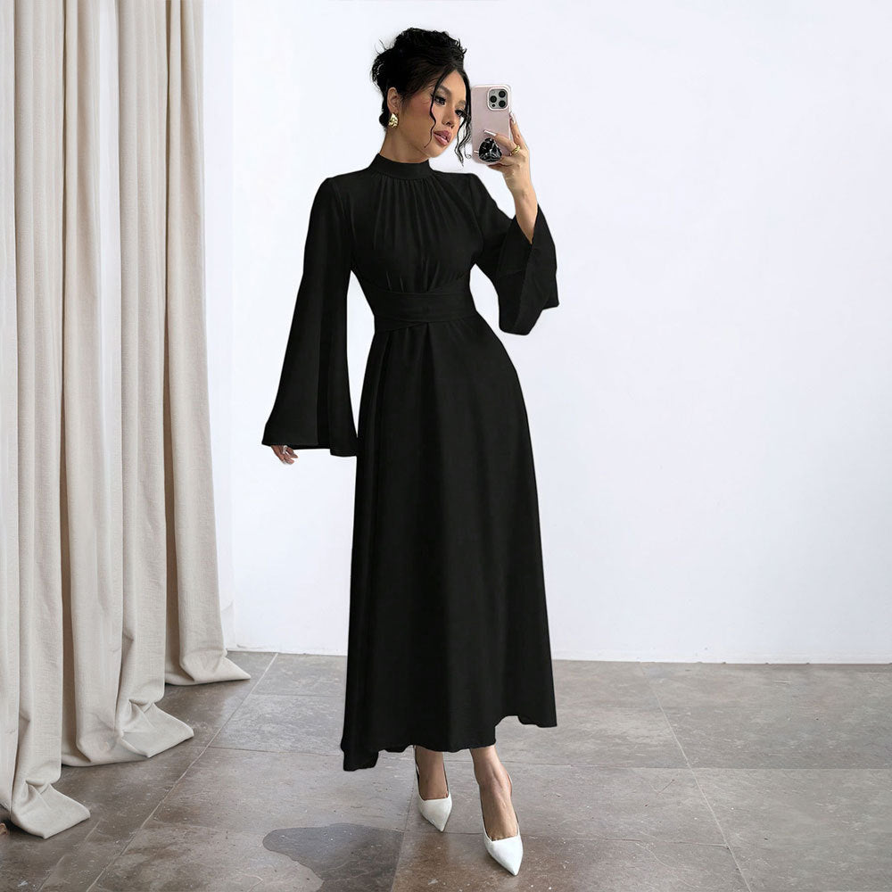 Robe longue noire à col montant et taille haute pour femme, automne-hiver, manches longues style rétro, manches cloche larges, couleur unie
