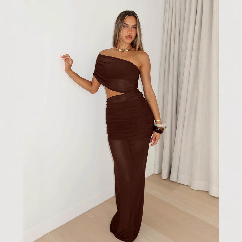 Vestido de verano sexy de gasa con hombros descubiertos y aberturas para mujer, corte entallado, plisado y transparente