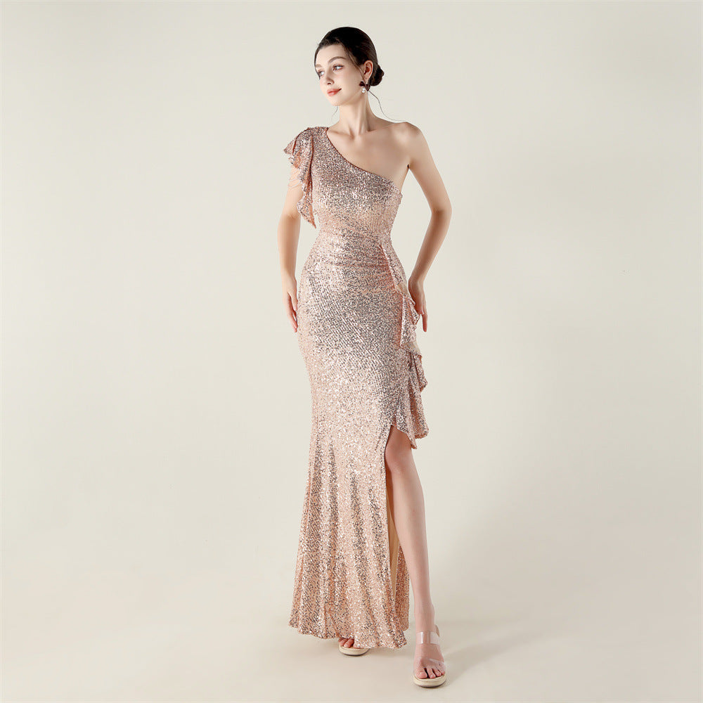 One Shoulder Ruffles Embellished Beaded Chain Handmade Sequined Evening Dress Cocktail Party Wedding