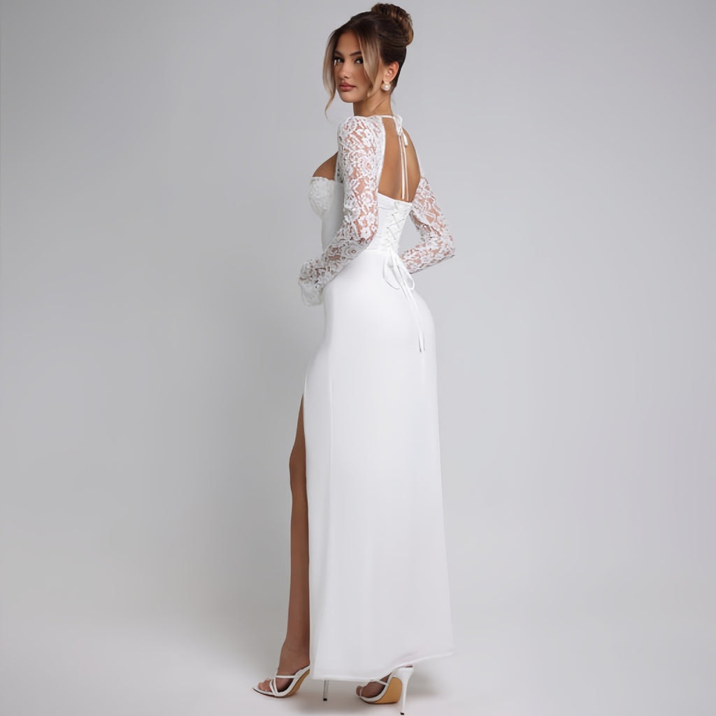Autumn Women Wear Low Cut Self Tie Lace Slim Fit Slit Sexy Dress