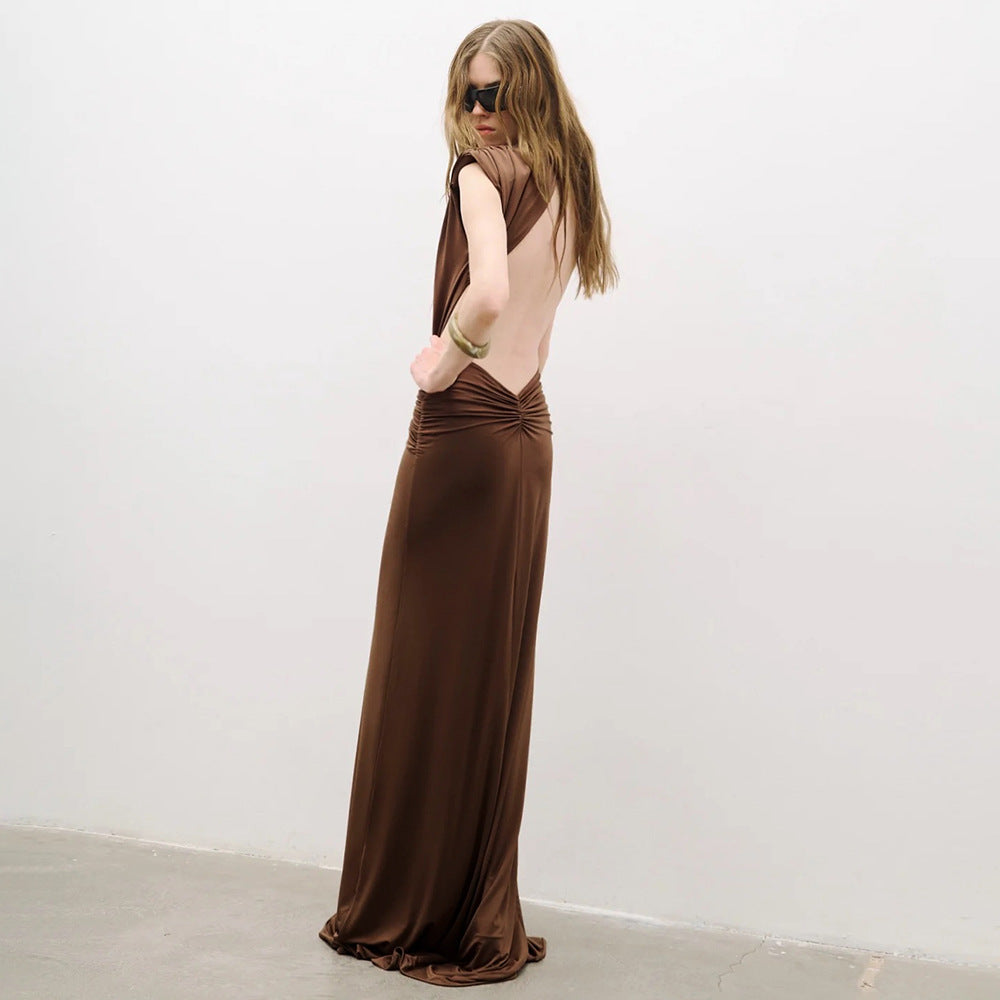 Robe sexy marron à plis torsadés sans manches et décolleté plongeant en V pour femme