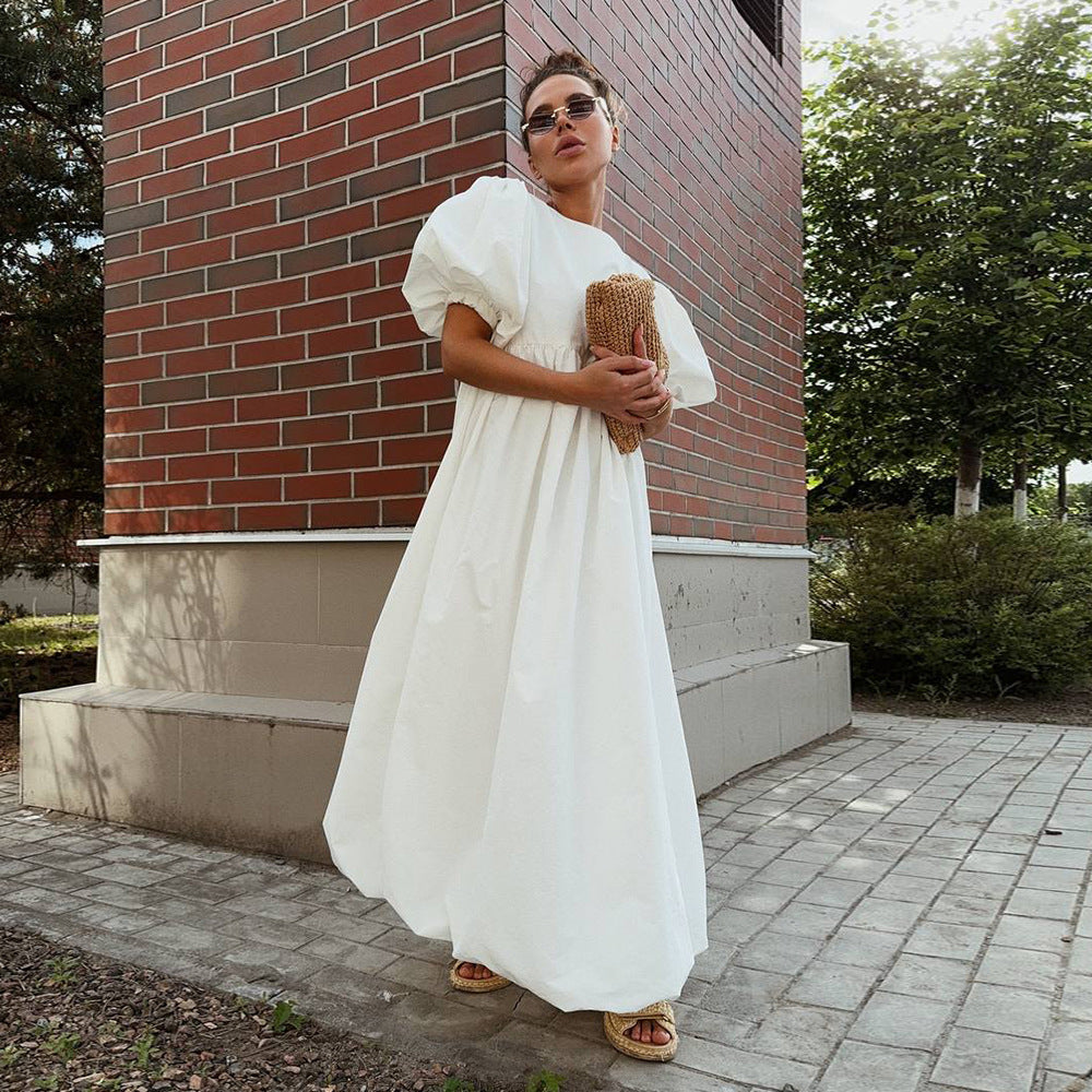 Cotton round Neck Puff Sleeve Dress Spring Summer Solid Color Loose Casual Dress for Women