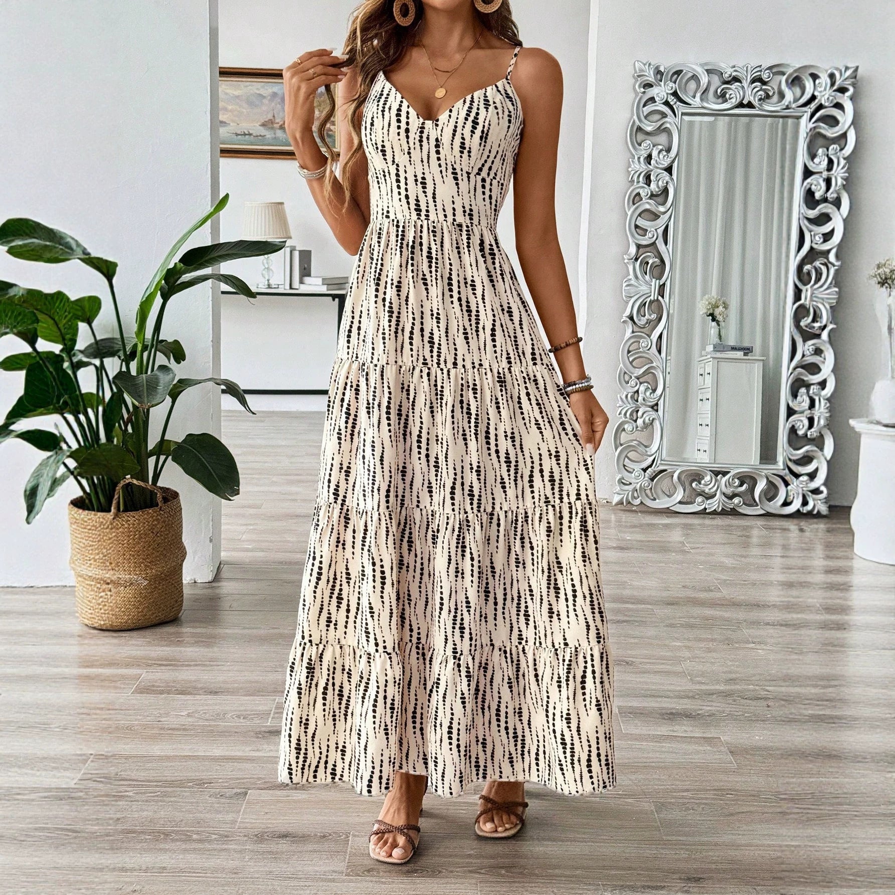 Summer Strap Backless Lace up Dress Striped Design Waist Slimming Vacation Dress