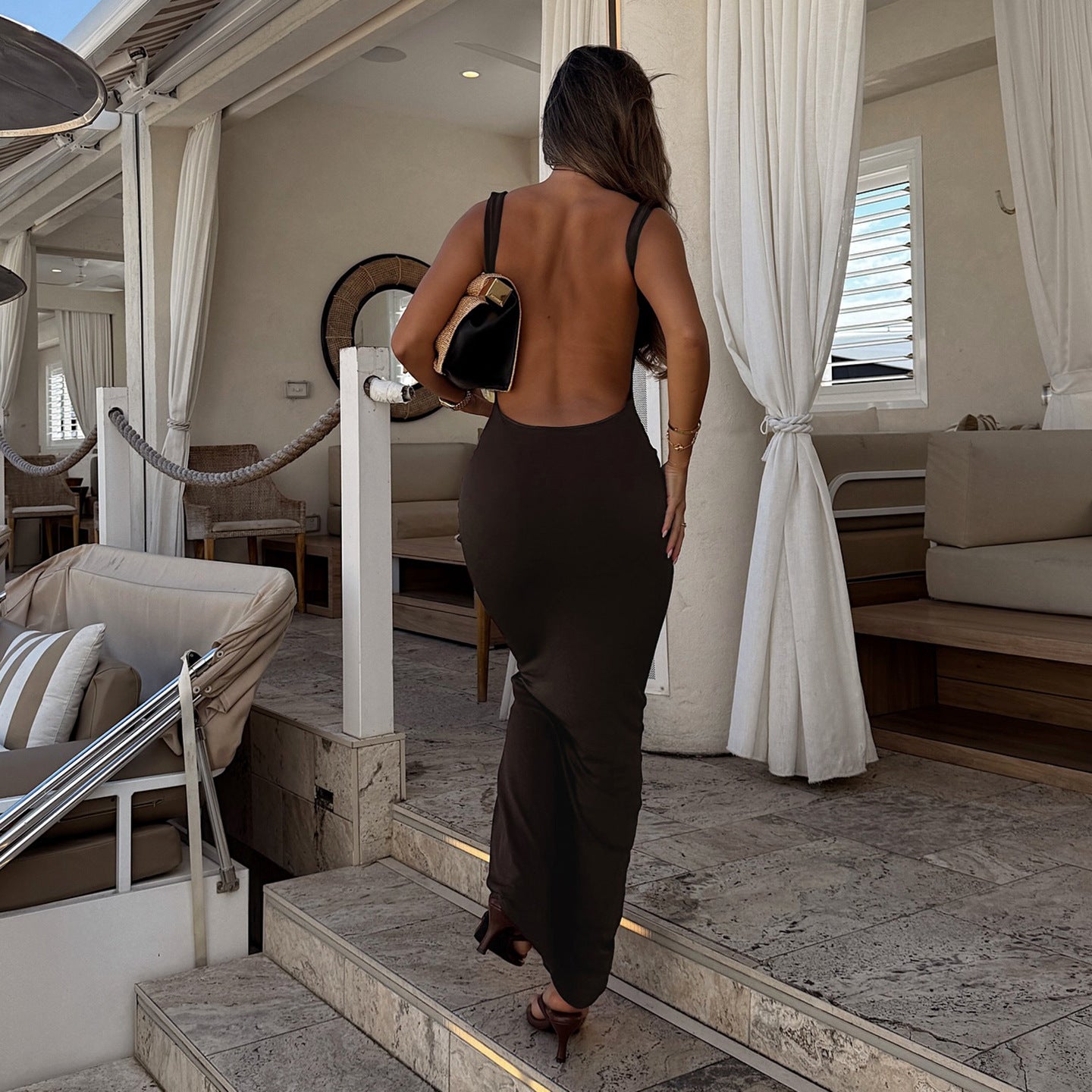 Women Summer Sexy Big Backless Solid Color Basic Dress Sheath Dress