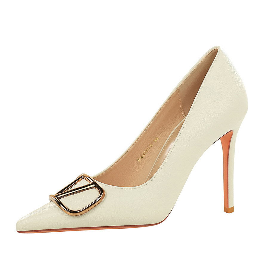Metal V Buckle Pointed Toe Sexy Super High Heel Stiletto Heel Slip on Pana Pattern Pumps Women