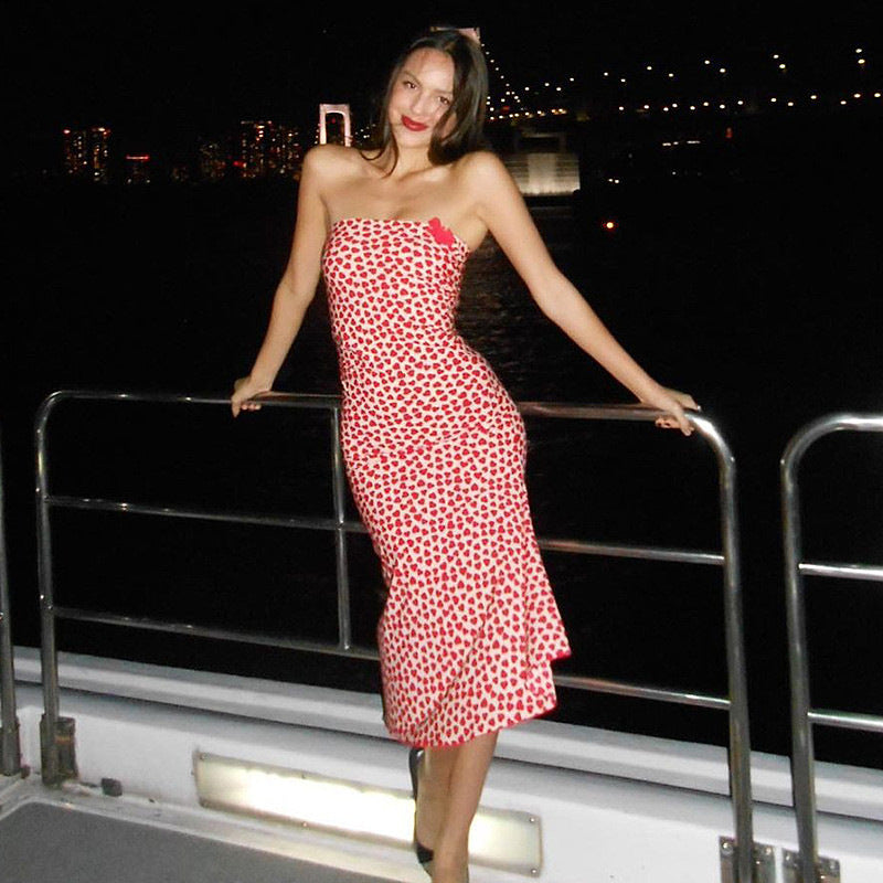 French Romantic Women Tube Top Heart Printing Slim Fit Sheath Dress Date Ancient Military Uniform Maxi Dress