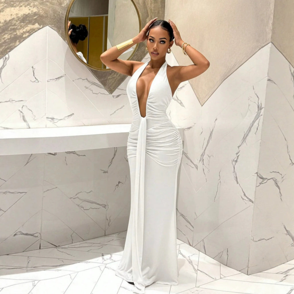 Women Halter Deep V Plunge Pleated Slim Fit Mopping Dress Slimming Sheath Fishtail Dress