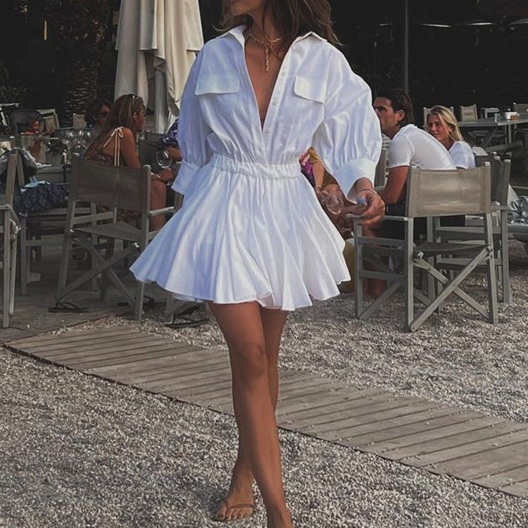 Robe chemise courte décontractée pour femme, en coton, à col et manches 3/4, style français.
