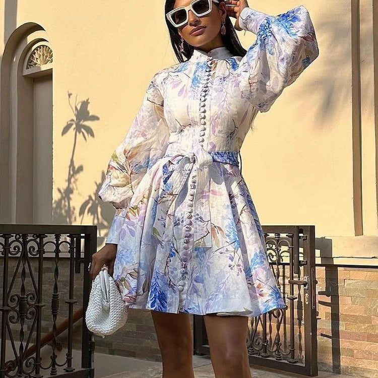 Robe imprimée rétro française pour femme, collection printemps-automne, col montant, manches bouffantes, laçage floral