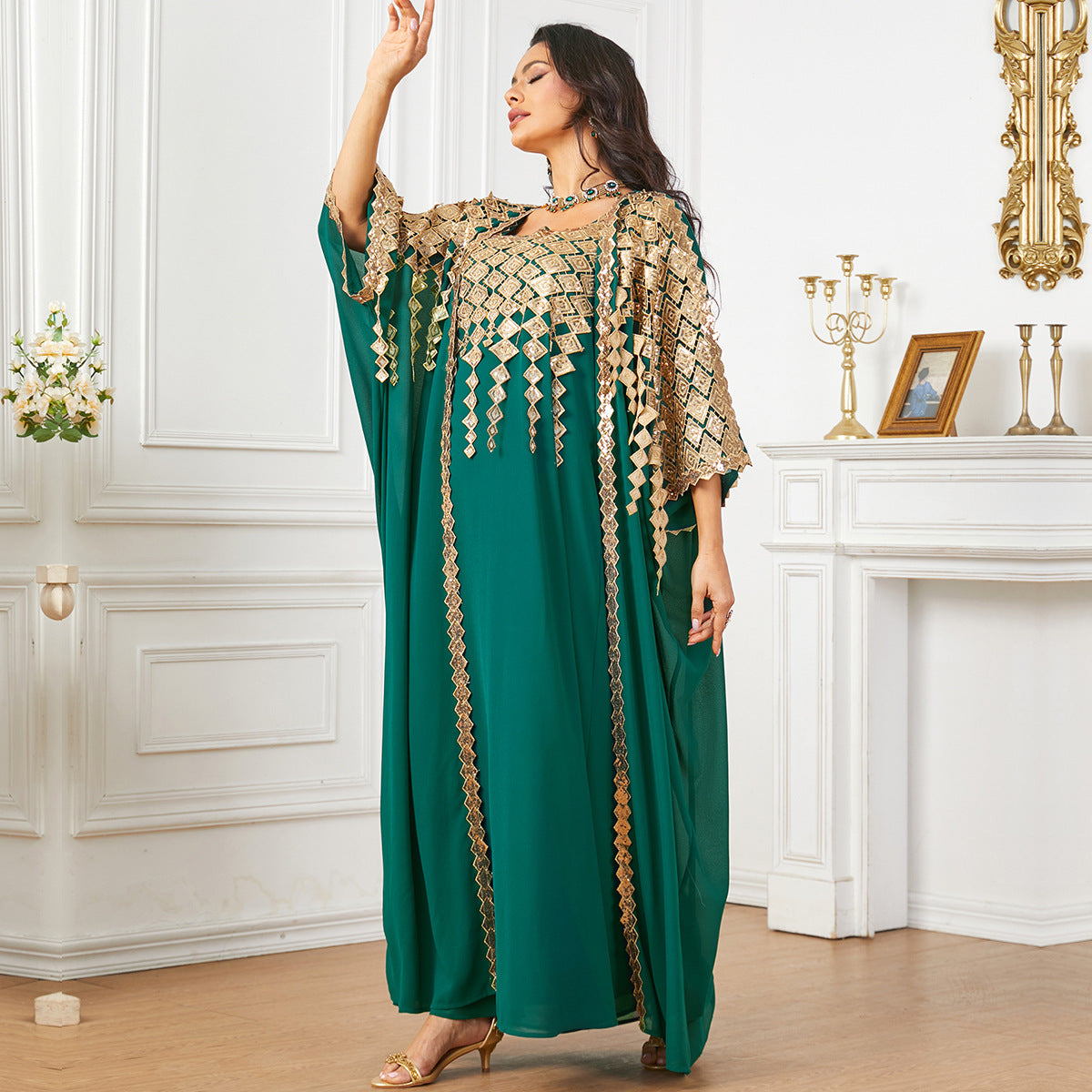 Middle East Metallic Color Muslim Robe Loose Two-Piece Suit Dress