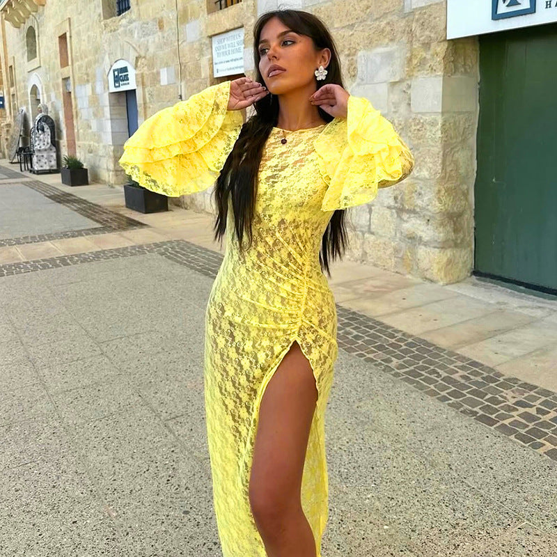 Vestido de otoño con encaje sexy y mangas acampanadas para mujer