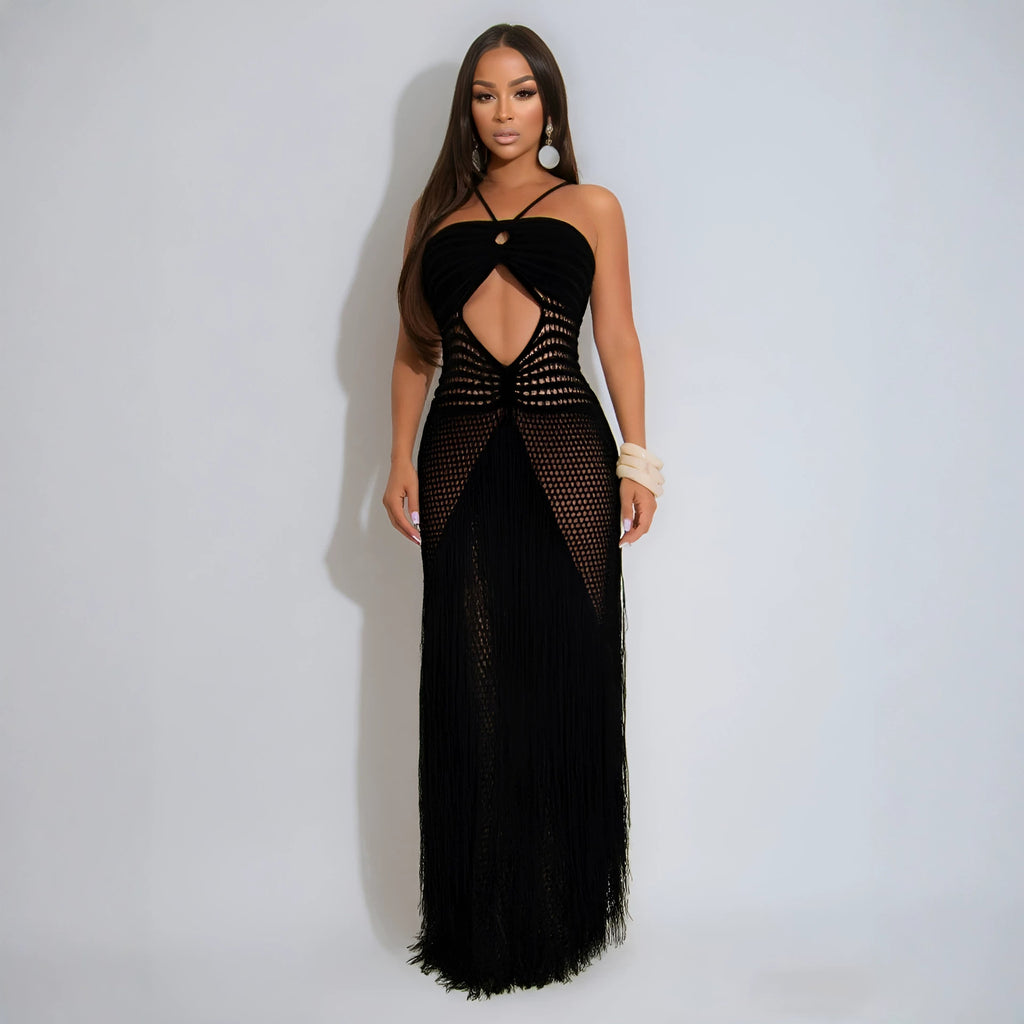 Hollow Out Cutout Bikini Cover Sexy Waist Drawstring Tassel Knitted Beach Dress for Women
