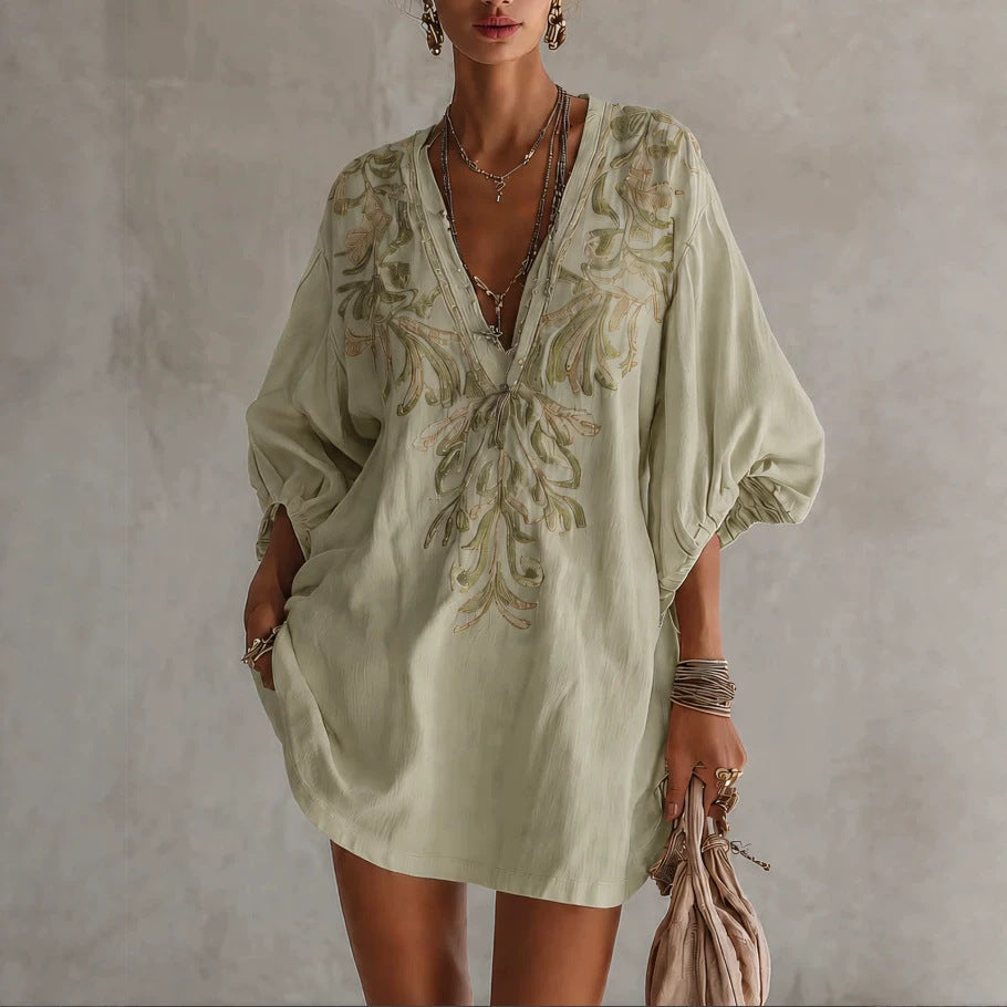 Women Clothing Cotton Linen Mini Deep V Plunge neck Floral Core Grass Printed Dress