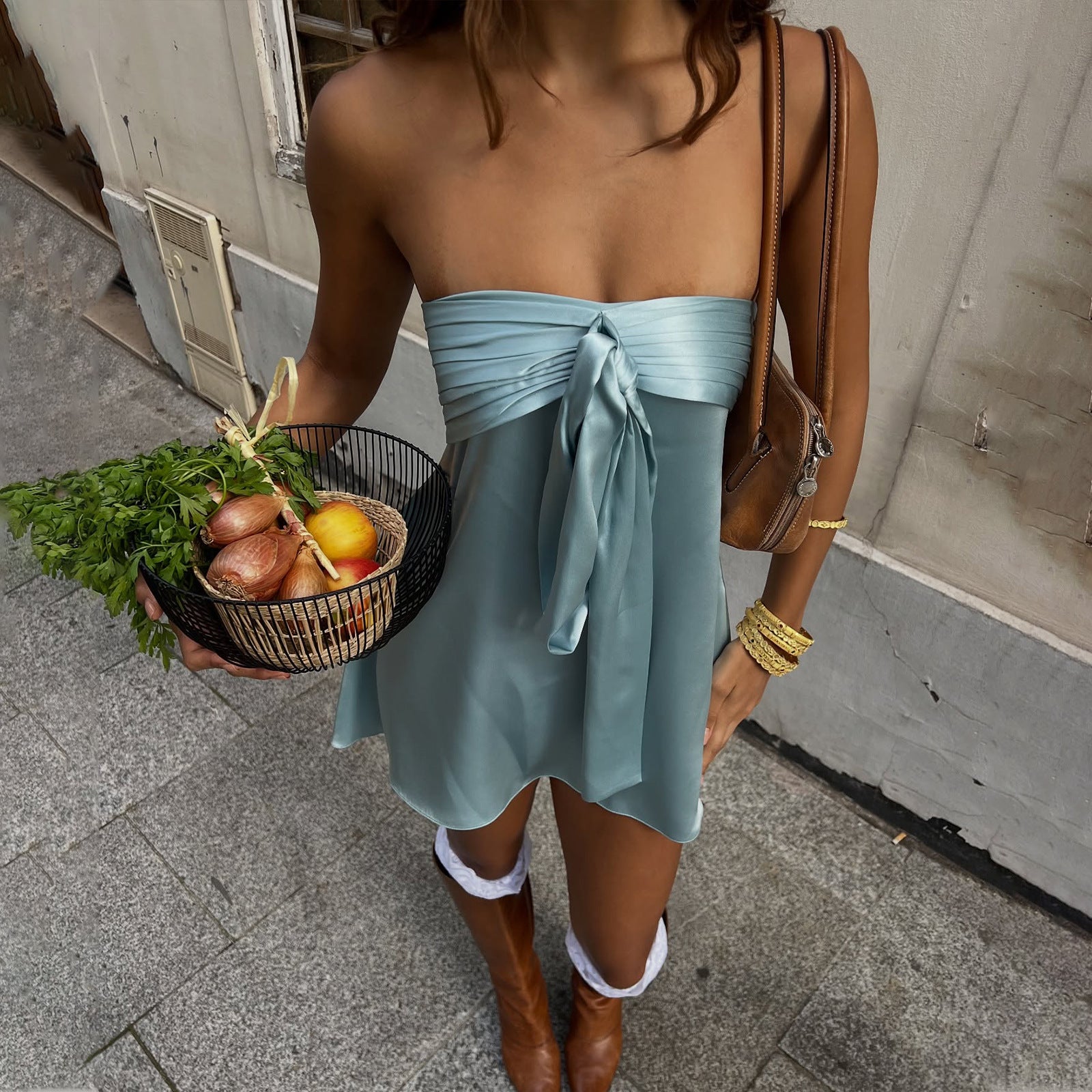 Women Clothing Spring Sexy Street Satin Tube Top Strap Solid Color Sleeveless Dress