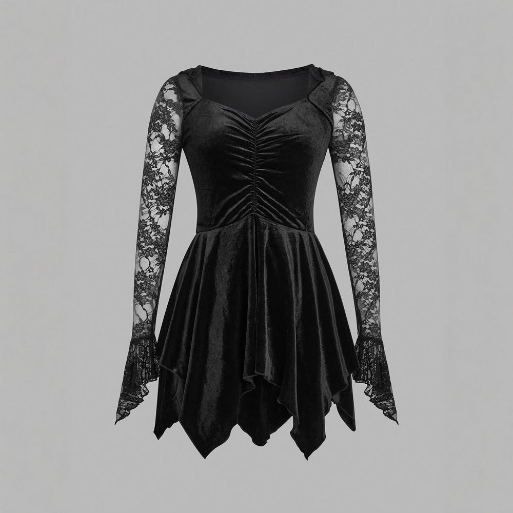 Vestido gótico vintage de encaje con costuras para mujer, vestido gótico de terciopelo con mangas largas y vendaje para mujer.