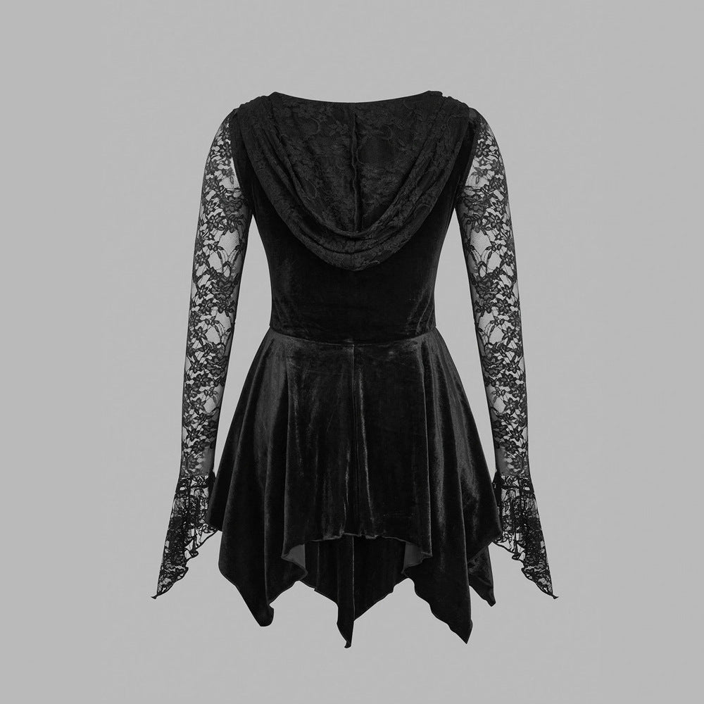 Vestido gótico vintage de encaje con costuras para mujer, vestido gótico de terciopelo con mangas largas y vendaje para mujer.