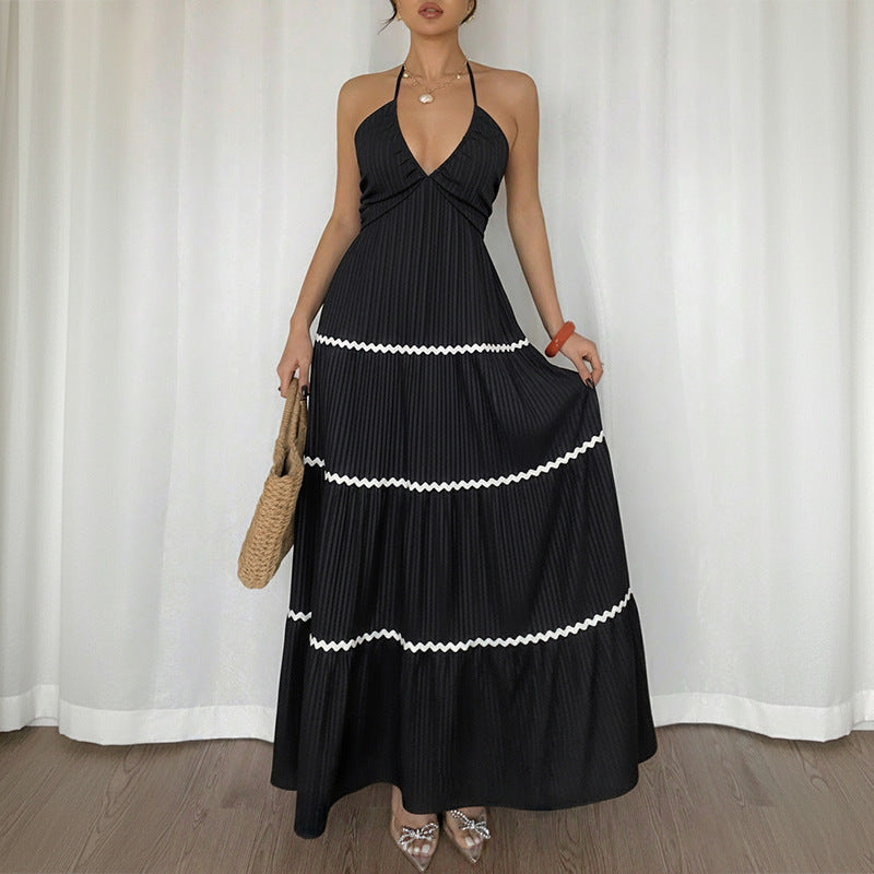 Robe dos nu d'été patchwork en dentelle à bretelles pour femme