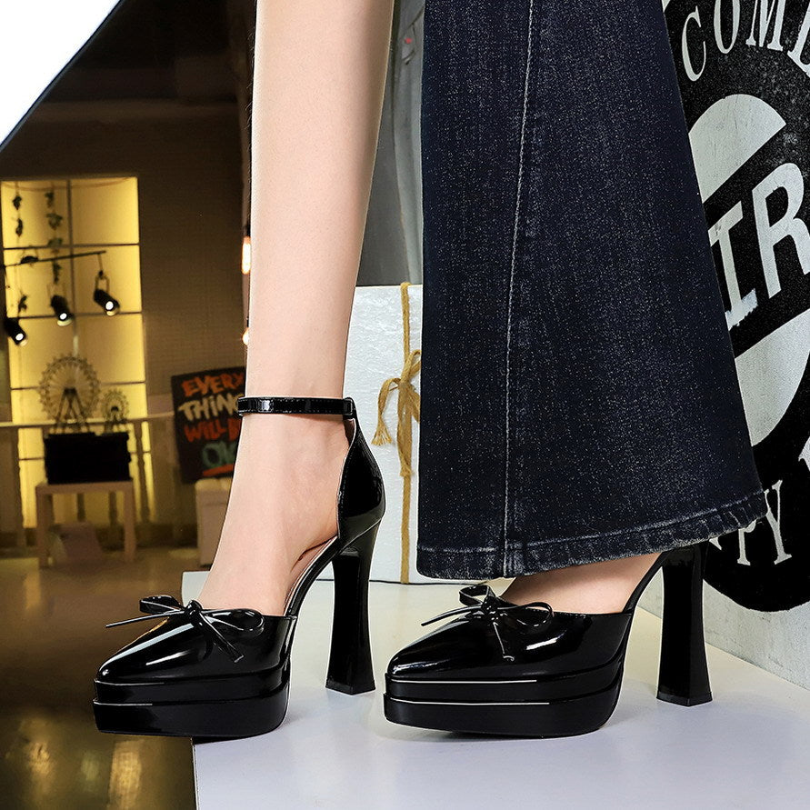 Sexy Double Layer Waterproof Platform Super High Heel Buckle Bow Patent Leather Pointed Toe Hollowed