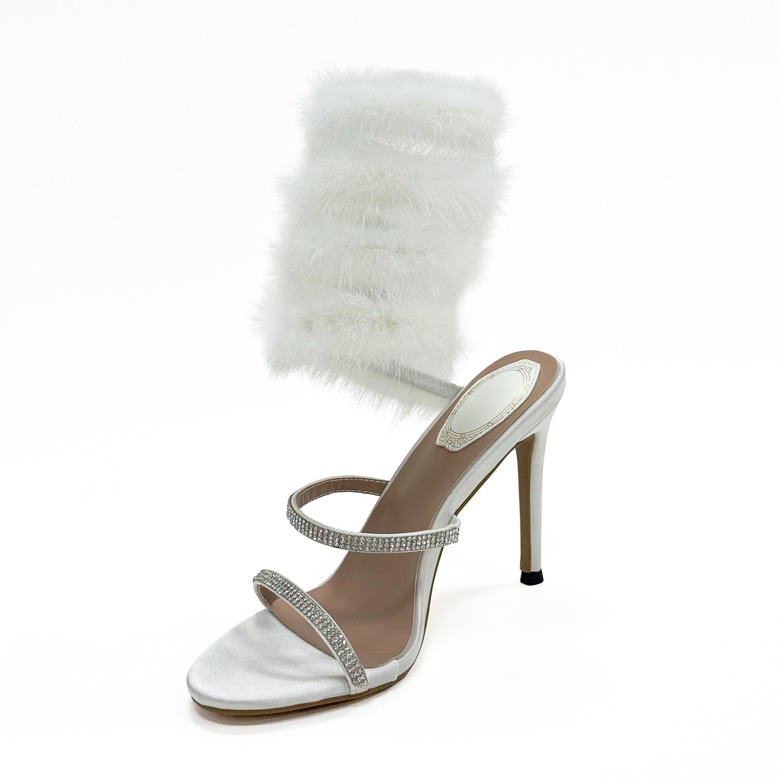 Black White 10cm Stiletto Heel Small round Toe Furry Winding High Heel Sandals Summer Heels