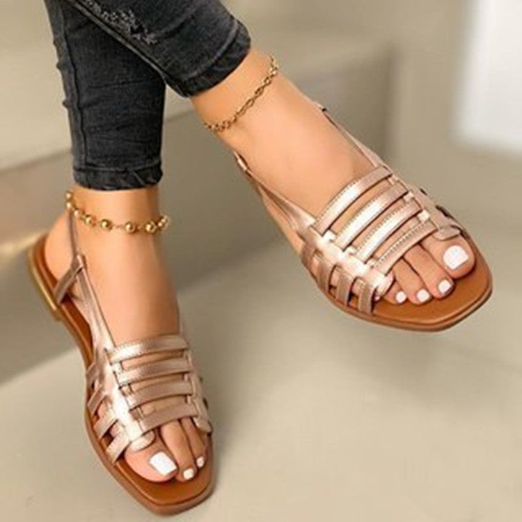 Hollow Out Cutout out Buckle Flat Sandals Women Summer Outdoor Knitted Belt Beach Sandals