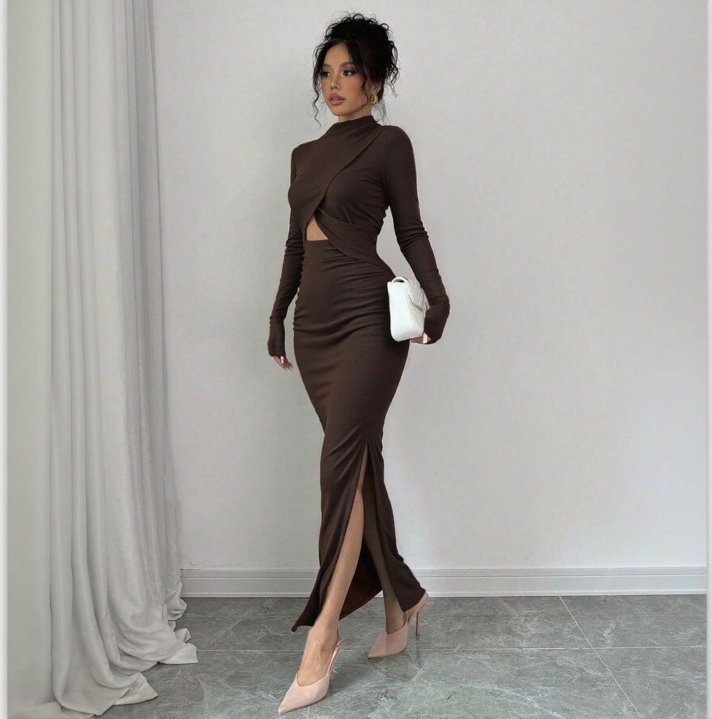 Robe courte moulante fendue sexy automne-hiver à manches longues et manches mi-longues