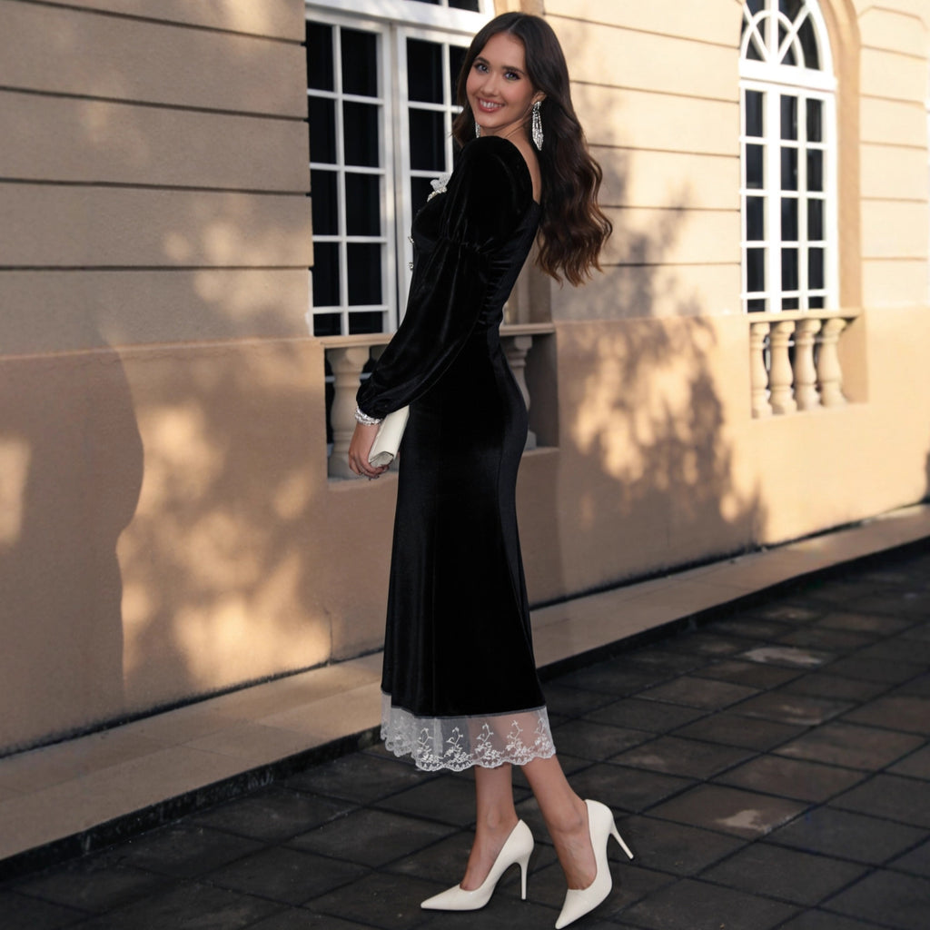 Robe longue élégante en velours noir Hepburn Wind pour femme, automne-hiver, cintrée à la taille.