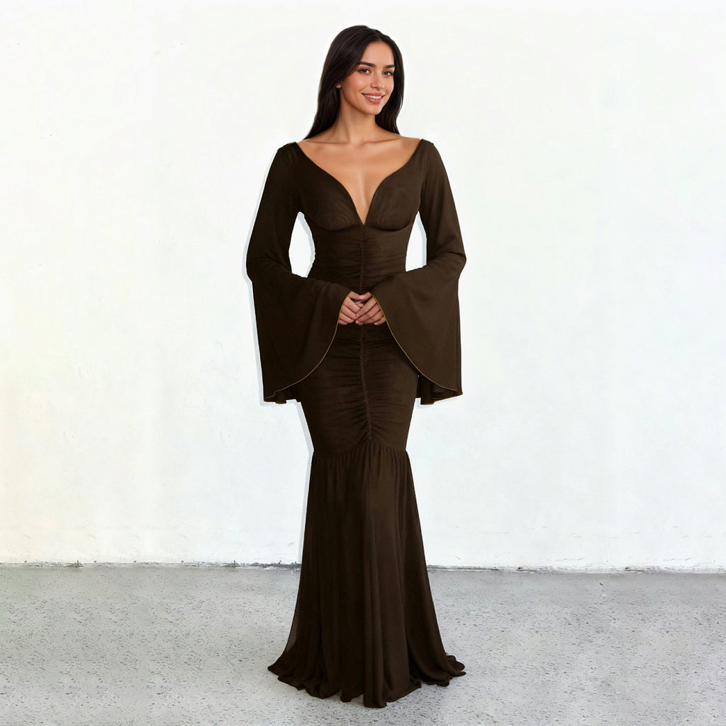 Elegant Deep V Plunge neck Pleated Mesh Patchwork Flared Sleeves Cocktail Dress Mop Formal Dress