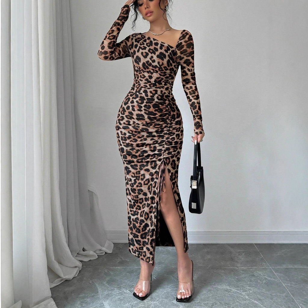 Robe imprimée léopard automne-hiver sexy, coupe ajustée, manches longues, sous-vêtements pour le bureau