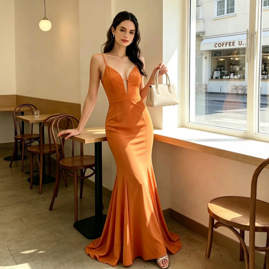 Women V neck Backless Sling Cocktail Hip Slim Fit Fishtail Dress