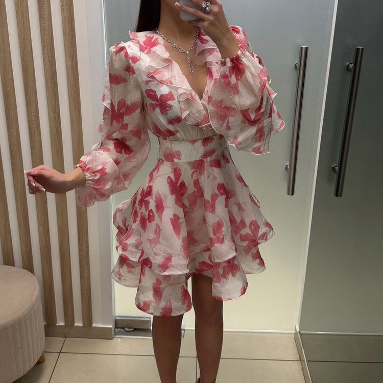 Ruffled Printed French Dress Women V neck Long Sleeve Waist A line Dress
