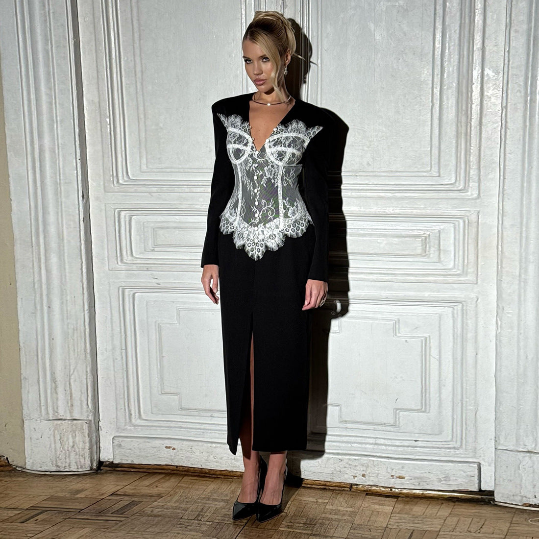 Autumn Winter Women Clothing Fashionable Slim Lace Stitching V neck Split Dress