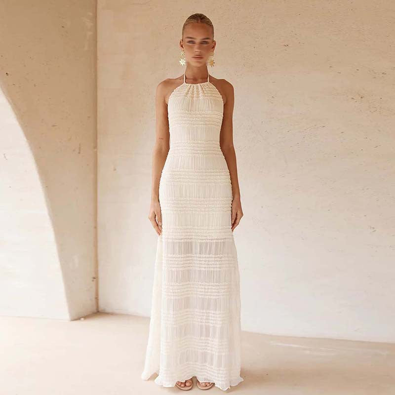 Robe longue de plage respirante en maille, style français, coupe simple, dos nu, couleur unie, automne