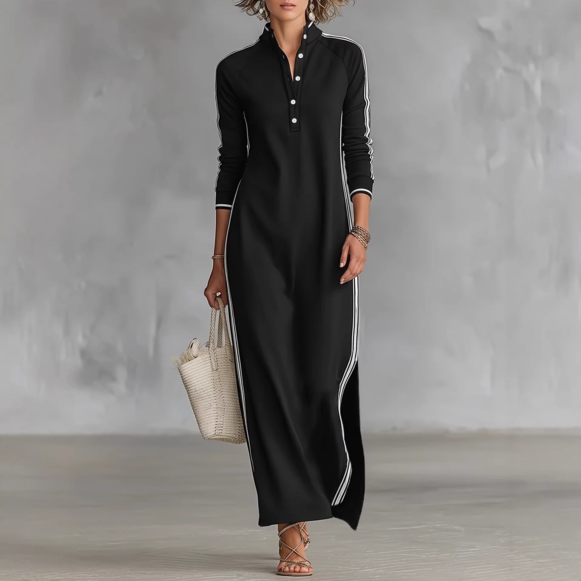 Robe longue Femme Simple Col Passepoil Blanc Décorée de Boutons Robe Pull