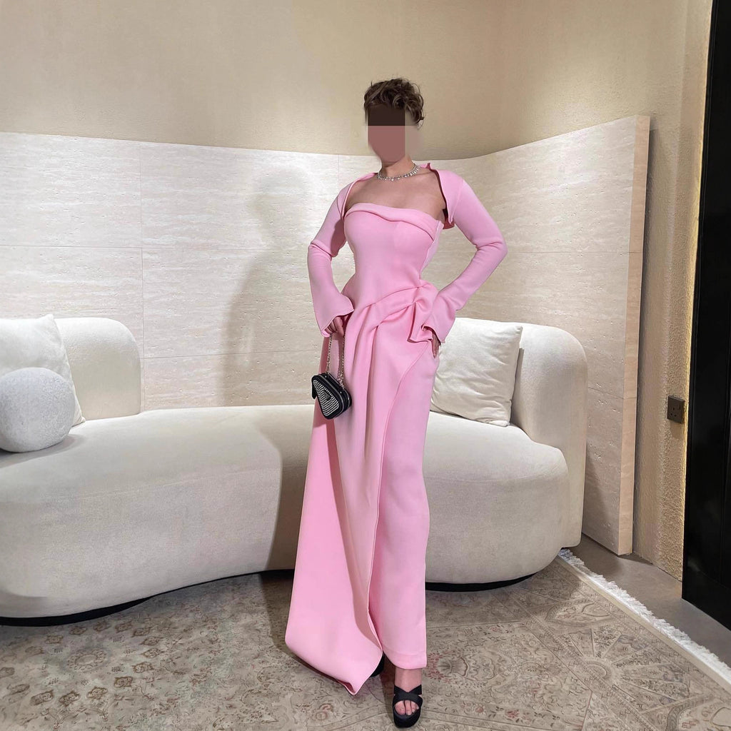 Summer Elegant Sexy Shawl Tube Top Slit Ball Dress Two Piece Set