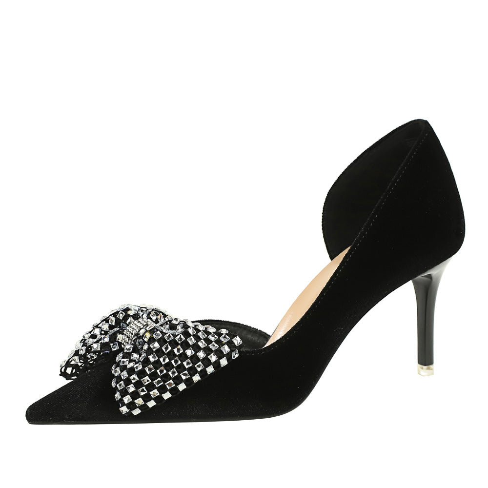 Super Large Rhinestone Bow Pointed Slip on Side Hollow Out Cutout Suede Pumps Women