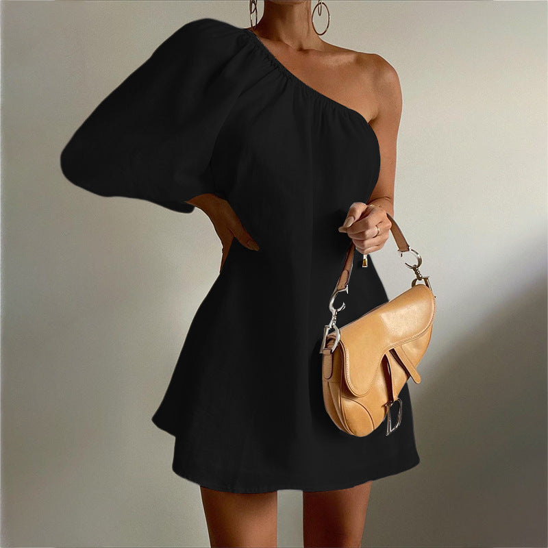 Spring Women Clothing Loose Slimming Oblique Shoulder Cotton Linen Dress