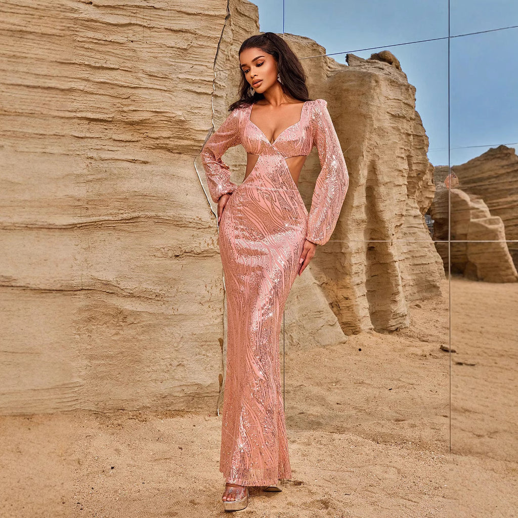 Robe de soirée femme manches longues, col V, dos nu sexy, robe longue à sequins