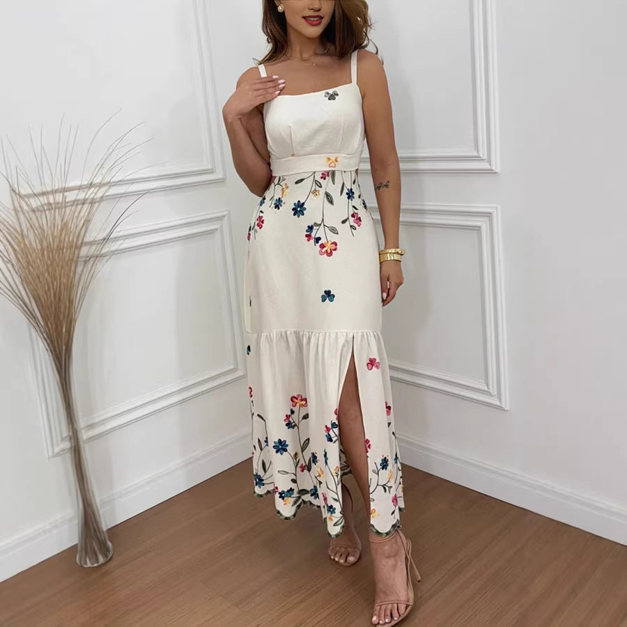 Spring Summer Suspender Positioning Floral Print Slit Dress Loose Vacation Dress