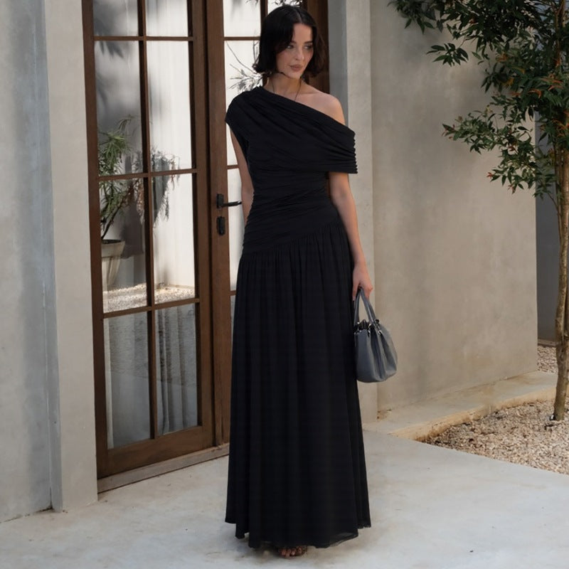 Robe Femme Printemps Nouveauté Mode Sexy Col Diagonal Plissée Asymétrique Couleur Unie