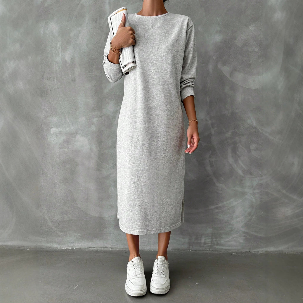 Solid Color Long-Sleeved Dress Women Spring Autumn Idle Drop Shoulder Sweater Dress All Matching Base Straight Midi Dress